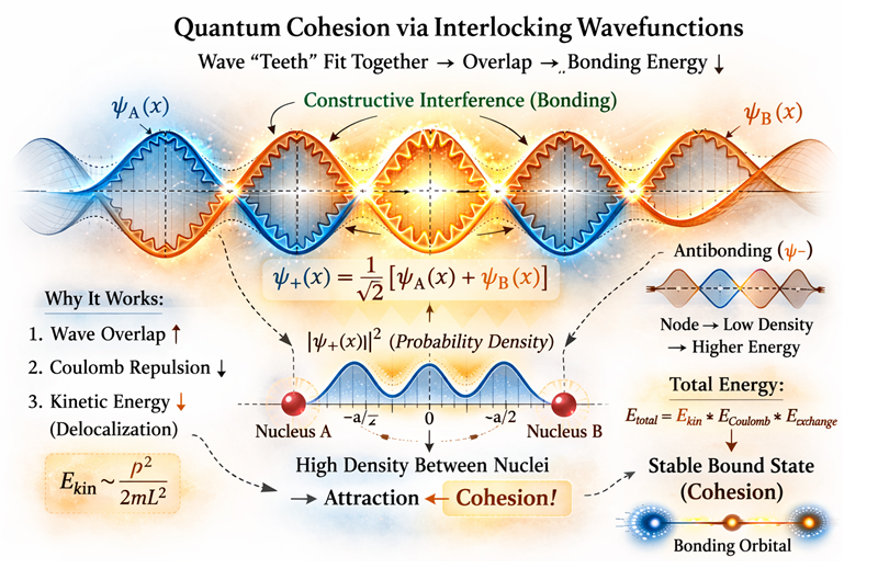 File:Constructive interference of overlapping wavefunctions leading to enhanced probability density between nuclei and quantum cohesion.png