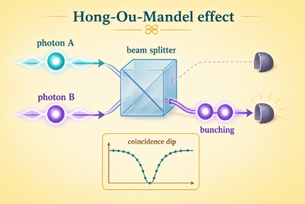 Hong-Ou-Mandel interference: identical photons bunch at a beam splitter, reducing coincidences.