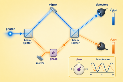 Mach-Zehnder interferometer: beam splitters, mirrors, phase shifts, and output detectors reveal quantum interference.