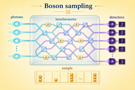 Boson sampling with photons passing through a multiport interferometer and sampled at detectors.