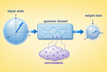Quantum channel: an input state interacts with an environment and emerges as a transformed output state.