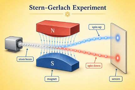 Stern-Gerlach experiment: an atomic beam splits into discrete spin components in an inhomogeneous magnetic field.