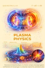 Conceptual illustration of plasma physics in a fusion context, showing magnetically confined ionized gas in a tokamak and the collective behavior governed by electromagnetic fields and transport processes.