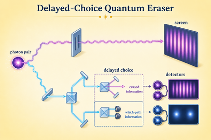 Delayed-choice quantum eraser: interference and which-path information depend on the measurement context.